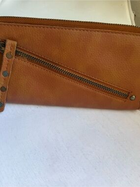 Free People Vegan Leather Zip Around Wallet Wristlet Brown Boho
